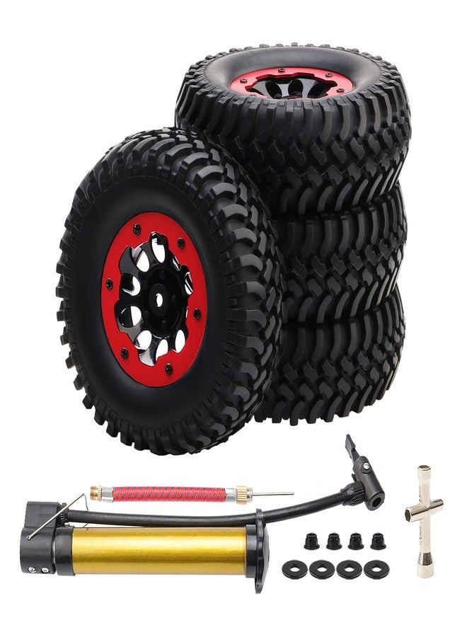Rchobbytop 4-Pack 1.9 Inch Tires and Wheel Rims OD 100mm Off Road Rubber Tyre & Plastic 10-Holes Beadlock Rim 12mm Hex Hub for 1/10 RC Crawler Truck, Red - Image 1